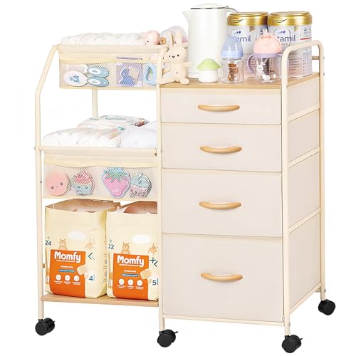 Fabuday Baby Diaper Caddy Organizer Cart - 4 Tier Rolling Diaper Cart with Wheels, Baby Essentials Organizers and Storage, Mobile Utility Carts for...
