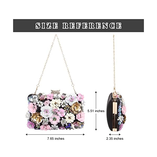 Fecialy Women's Floral Evening Handbags Colorful Rhinestone Clutch Purses Floral Bride Wedding Handbag Chain Shoulder Bag, Black - Image 4