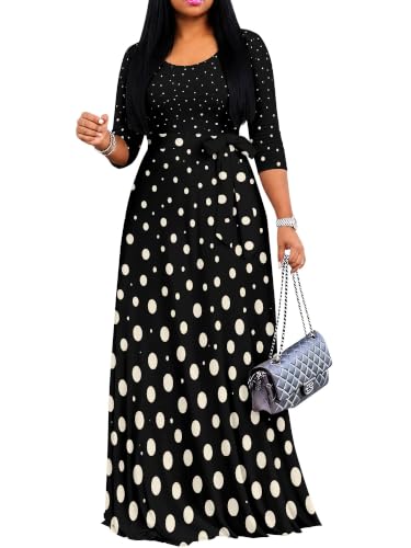 Image of Maxi Dress for Women with Sleeves, Empire Waist Dress | A-line shape, self-tie belt, side pockets and pull-on design; stretch fabric for church, work and casual wear