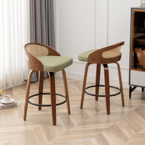 Image of 24.8 inch Swivel Rattan Bar Stools Set of 3,Mid-Century Modern Green Leather Upholstered Counter Height Stools,Kitchen Island Barstools with Rattan Low Backrest,Walnut Wood Finish Bar Chair