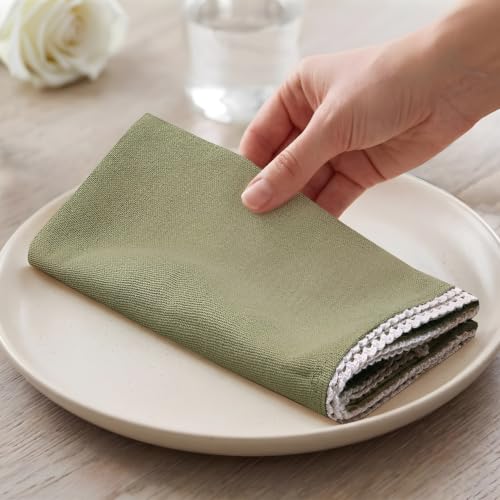 Image of The Home Talk Lace Table Napkins -Cotton Linen Blend Dinner Cloth Napkins for Parties,Dinners, Weddings, Cocktail&Christmas Decor|Soft,Reusable&Machine Washable|18 x 18 Inches (12, Seige Green)