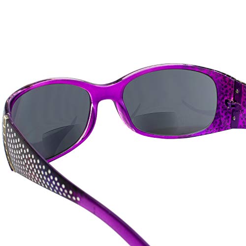 Global Vision Galaxy Womens Bifocal Fashion Motorcycle Sunglasses Chrome Rhinestone Look Lavender Frames Smoke Lenses 2.0 Magnification 5