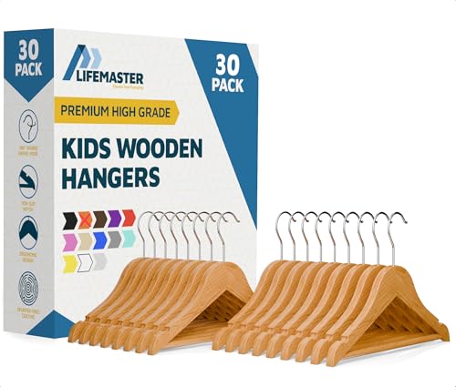 Natural Color Wooden Kids Hangers 30 Pack, Toddler & Baby Wooden Hangers, 11.8" Solid Maple Wood with 360° Swivel Hook, Pants Bar & Notches, Up to 7.7lb Capacity, Space-Saving Design for Ages 0–8
