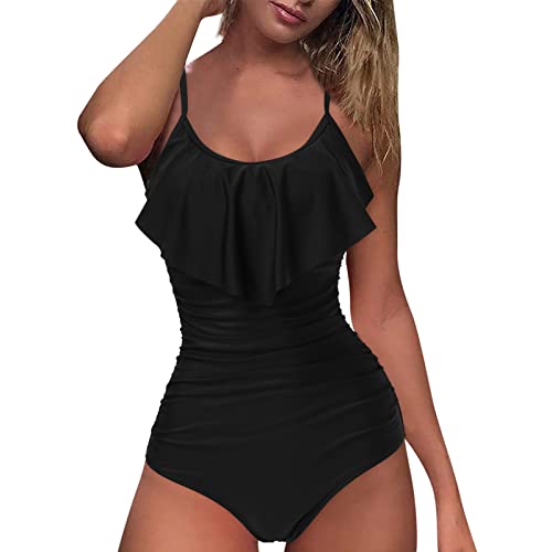Trajes de Baño Mujer Tallas Grandes Bañadores 2026 Nuevo Traje de ño Mujer sólido rocí Espalda Apretado Sexy Traje ñ Bikini ñador ñadores Reductores Talla Grande (Black M)