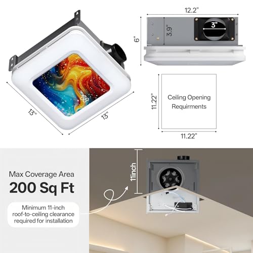 Image of Bathroom Exhaust Fan with Humidity Sensor, 230 CFM 1.0 Sone Ventilation Fan, 3 Dynamic Light and 3CCT Light (2700-4500-6500K), 11.22 inch x 11.22 inch Mount, Remote Control (Aurora Iridescence)
