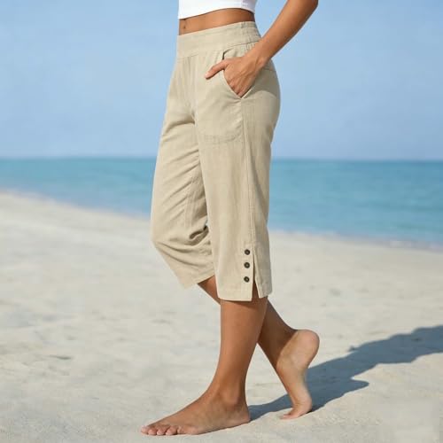 Linen Capris for Women Casual Split Cropped Pants with Pockets Khaki — view 3
