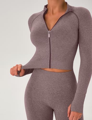 OLCHEE Womens Workout Sets 2 Piece Seamless Yoga Outfits Long Sleeve Zipper Jacket High Waist Leggings Butt Lifting Gym Set - Image 6