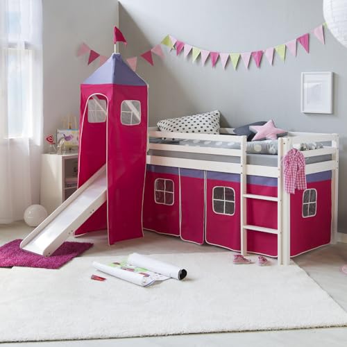 Homestyle4u 2577, Kinderhochbett Weiß 90 x 200cm Holz Kiefer Kinderbett pink mit Rutsche Turm Leiter Lattenrost Vorhang