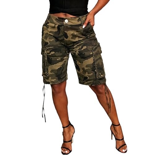 Seltaon Womens Camo Cargo Shorts High Waisted Army Fatigue Shorts Camouflage Denim Short Pants Mid-Length