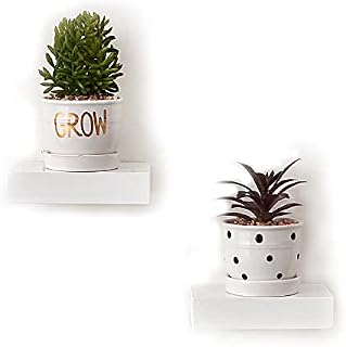 INMAN Small Oak Floating Shelves 2PC Wooden Mini Wall Mounted Shelf for Decor Plant, Little White Display Shelf for Living Room Bedroom Bathroom