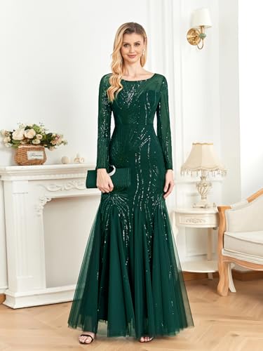 Image of Long Sleeve Sequin Evening Dress Glitter Mermaid Long Gown for Mother of The Bride Or Wedding Guest