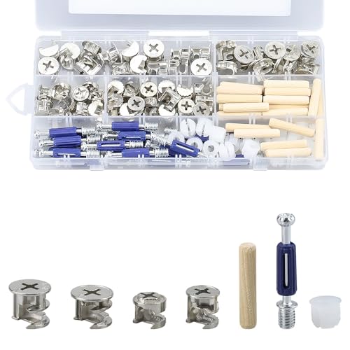Glvaner 家具用カムロック 3イン1 偏心ハードウェアホイール ボルト 家具カムロックファスナー マルチサイズナット 木製ダボピン 120個セット 収納ケース付き