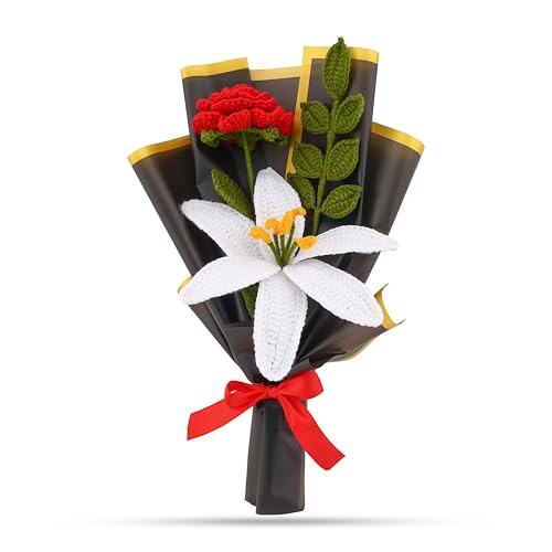 Image of Artificial Crochet Red Rose White Lily Flower Bouquet / Forever Flowers /Valentine Day romantic Gift for Girls / boys / girlfriend / boyfriend / husbund / wife Home Decor gift ideas (white lily+red rose)