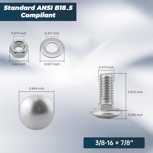 Image of 3 /8-16 x 7 /8 Inch Carriage Bolt Kit, 304 Stainless Steel (18-8) with Hex Nuts & Flat Washers - 8 Sets, Round Head Square Neck, Full Thread Coverage by Glvaner