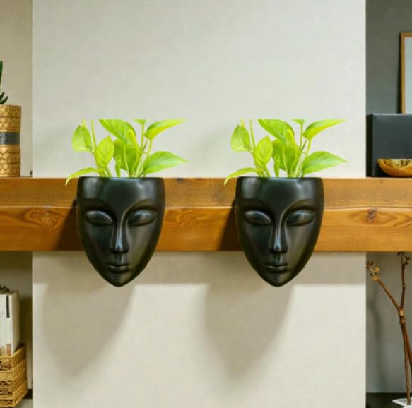Image of Wall Mounted Face Planter Set, Black, Decorative Indoor Plant Holder, Modern Home Decor, 2 Pieces (Plastic)