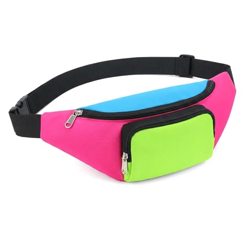 80s Fanny Pack Adjustable Neon Fanny Pack Retro 2 Pockets Waist Packs Color Blocked Plus Size Belt Bag for Men Women Jogging Traveling Dancing 80s Theme Party Decoration
