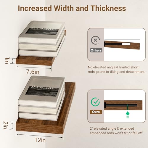 Image of 48 Inch Floating Shelves, 12 Inch Deep Floating Shelves for Wall, Extra Deeper & Thicker Wooden Wall Shelf with Invisible Brackets, Shelf for Bedroom Living Room Home Decor(Walnut, Set of 2)