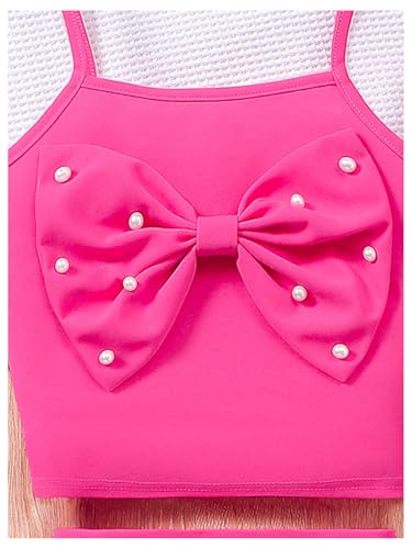 Image of OYOANGLE Girl's 2 Piece Outfit Bow Pearl Cami Crop Top and A Line Cute Skort Set
