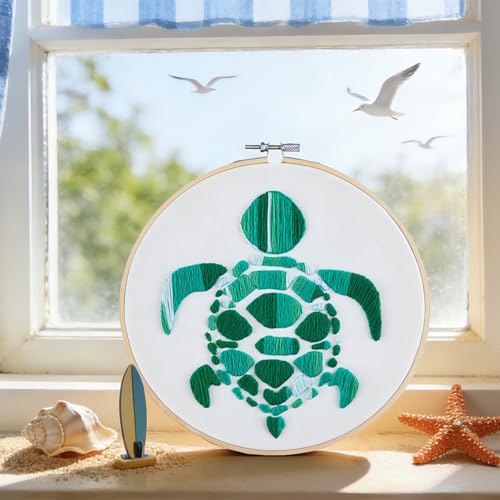 Image of Sea Turtle Embroidery Kits for Beginners Adults, Hand DIY Embroidery Starter Kit, Stamped Cross Stitch Kits for Beginners Adult Craft Kits for Women, Entire Set of Embroidery Supplies & Video Tutorial