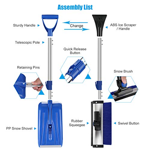 HONGNAL Extendable 4 in 1 Snow Removal Kit with Auto Emergency Snow Shovel,Ice Scraper,Snow Brush,Squeegee for Car, Snowmobiles,ATV –Winter Survival Gear for Camping -Detachable Multifunctional