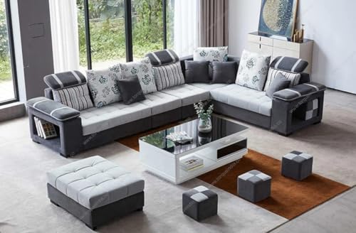 Image of Torque Bristol 12 Seater Sofa Set for Living Room (Grey) | Interchangeable U Shape Sectional Sofa | Solid Wood Frame & High-Density Supersoft Foam | Includes Puffy & Stool | Modern Home Furniture