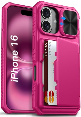 Image of Vihibii PC,Silicone For iPhone 16 Case Wallet With Card Holder(4 Cards)[RFID Blocking] & Slide Camera Cover & Raised Edges Protect Screen,Shockproof Rugged Phone Case For iPhone 16 6.1 inch 2024,Pink