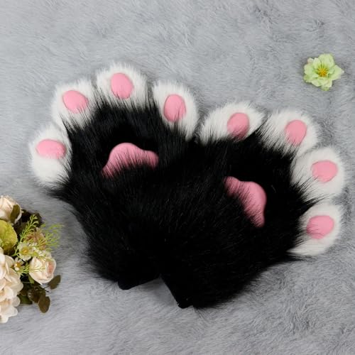 hbbhml Kunstpelz Plüsch pelzige Katze Kralle Handschuhe Fursuit Tier Fuchs Pfoten Fäustlinge Halloween Kostüm Zubehör für Erwachsene
