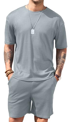 Vssjavun Mens Short Sets 2 Pieces Outfits Waffle Knit Lounge Set Short Sleeve Summer Casual Tracksuit