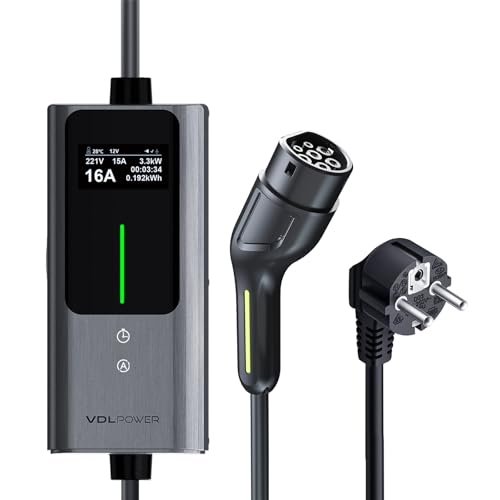 VDLPOWEREU Typ 2 EV Ladekabel, 3,6kW, 6-16A, 5m, 1-phasig EV Ladegerät Schuko mit Steuerbarer Digitalanzeige, IP65 Wasserdicht Mobile Ladestation für Elektroautos IEC 62196-2 PHEV/EV