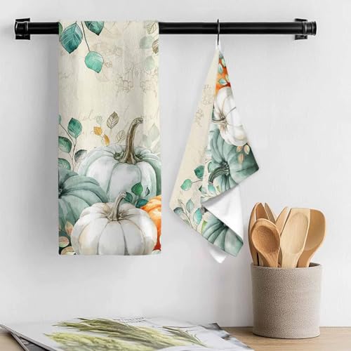 Image of Fall Kitchen Towels Harvest Pumpkin Thanksgiving Hand Towels Green Leaves Dish Towel Cleaning Cloth Soft Absorbent Quick Drying 4 Pack Dish Cloths for Kitchen, Bathroom Autumn Decoration