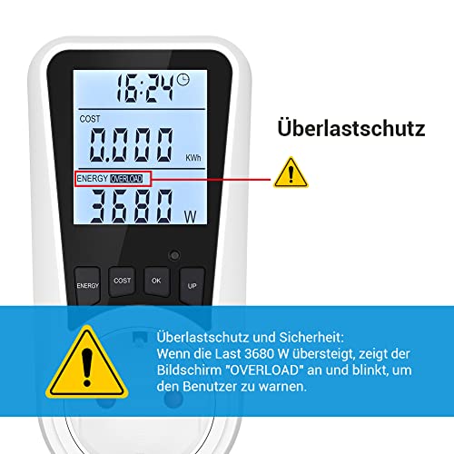 Foto von DEWENWILS Stromzähler für Steckdose, Strommessgerät 7 Modi, Stromverbrauchsmesser, Stromverbrauch Messgerät mit LCD Bildschirm Hintergrundbeleuchtung, Energiekostenmessgerät mit Überlastschutz 3680W