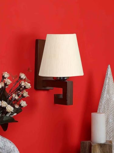 Image of Wall Lamp with Wood Base (H- 10.9 Inch, Off-white) Modern Wall Sconce for Bedroom /Living Room, Study Room, Home Office Decor | Decorative Indoor Lighting, Warm Ambient Night Lamp, Barrel Shape