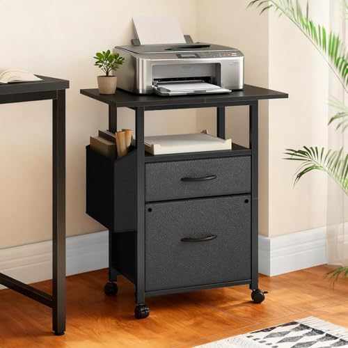 Image of Simple Deluxe 2 Drawer File Cabinet with 24 inch Extended Desktop, Mobile Filing Cabinet, Rolling File Cabinet with Side Bag, Fabric Drawer, Fits A4 /Letter Size, Printer Stand Home Office, Black