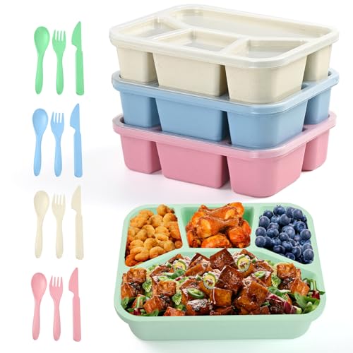 HMDZMR Bento Lunch Box, 4 Compartments Meal Prep Containers, 4 Pack Reusable Snack Containers, Divided Food Storage Container for Adults (Pink Beige Green Blue)
