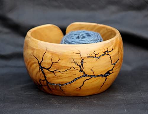 Image of Lichtenberg Figure Yarn Bowl - Handmade Wooden Yarn Bowl for Knitting Yarn Ball Holder - Yarn Bowls with Holes Crochet Bowl Holder - Yarn Storage Bowl 7 inch x 4 inch inches (Gray)