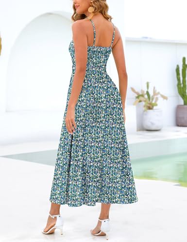 Image of Annebouti Women 2026 Summer Spring Ruched Maxi Dress Adjustable Spaghetti Strap Floral Beach Long Sundress with Pockets