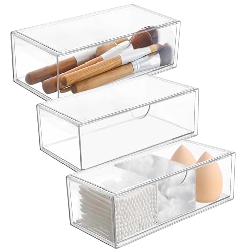 Polegas Stackable Makeup Organiser Storage, 3 Pack Acrylic Drawer Organiser, Clear Bathroom Organiser, Stackable Storage Drawers for Mirror Cabinet, Dressing Table, Desk, Bathroom