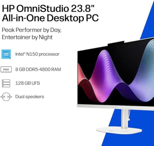 Image of HP OmniStudio All‑in‑One Desktop, 24‑Inch Full HD Display, Intel N150 Quad‑Core CPU, 16GB DDR5 RAM, 128GB UFS Storage, WiFi 6, Bluetooth 5.4, Wired Keyboard & Mouse, Windows 11, Cashmere White