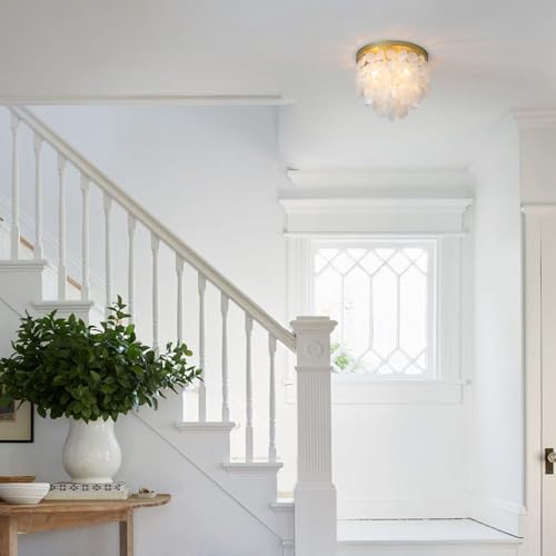 JC TOPA 3-Lights Capiz Shell Ceiling Light Fixtures, Gold Boho Flush Mount Ceiling Light for Living Room, Bedroom, Kitchen Island, Foyer, Entryway, Seashell Coastal - Image 5