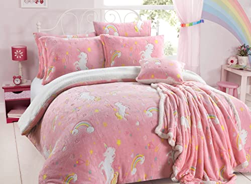 LIZZIE JACOBS Teddy Glow in The Dark Sherpa Fleece Super Soft Warm Cosy Kids and Adults Duvet Cover Sets Quilt Covers Bedding Sets LW (Single Duvet Set, Rainbow Unicorn)