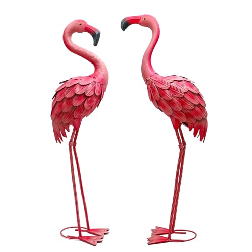 YOUKI Lot de 2 flamants roses en métal pour cour, jardin, statues de flamant rose rouge,...