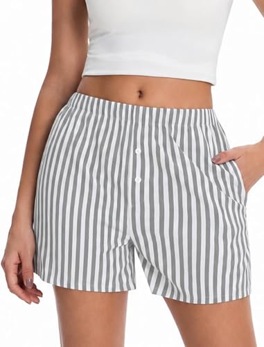 Guriyzee Boxer Shorts for Women Casual Summer Pajama Loungewear Grey and White Striped Bottoms with Pockets S-XXL