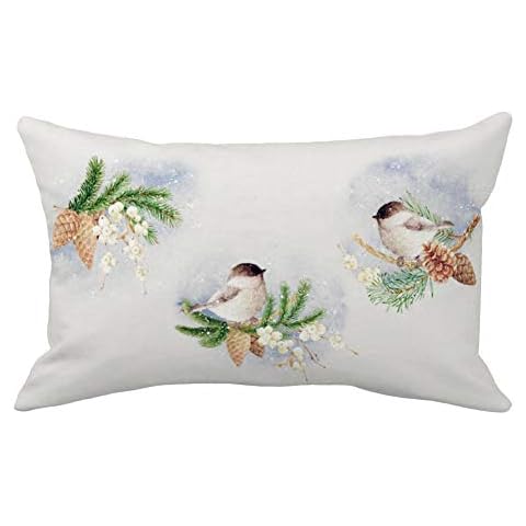 Aremazing Xmas Bird Pillow Covers Super Soft Winter Snowy Wild Chickadees with Branch Leaves Pinecones Pattern Cushion Cover Christmas Decorative Throw Waist Pillow Cases for Sofa Couch 12''x20'' Cover