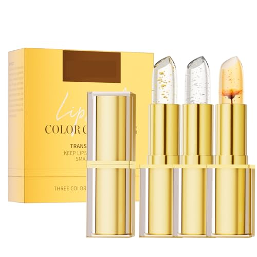 3 bálsamos de labios con cambio de temperatura, cambio de color de color con humedad, tono rosa natural y acabado brillante, juego de bálsamo de labios con copos dorados, diseño transparente y de
