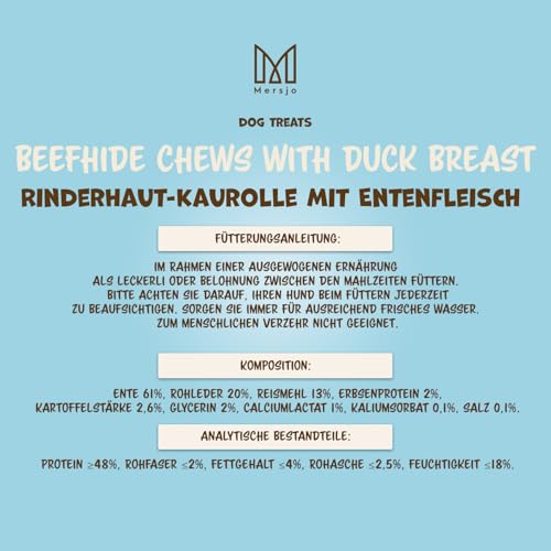MERSJO Hundeleckerlis XXL Beefhide Kaustangen mit Entenbrust, 240g, 24-25 cm, für mittelgroße bis große Hunde
