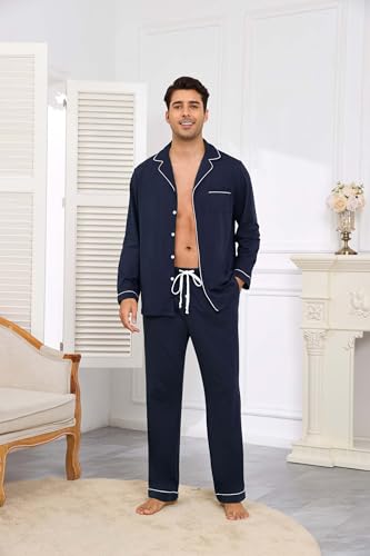 Image of Veseacky Mens 100% Cotton Pajamas Set Long Sleeve Button Down Sleepwear Soft Loungewear Pjs with Pockets