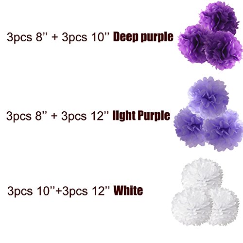 Image of 18pcs Tissue Hanging Paper Pom-poms, Hmxpls Flower Ball Wedding Party Outdoor Decoration Premium Tissue Paper Pom Pom Flowers Craft Kit (Purple & White, 8 inch / 10 inch / 12 inch