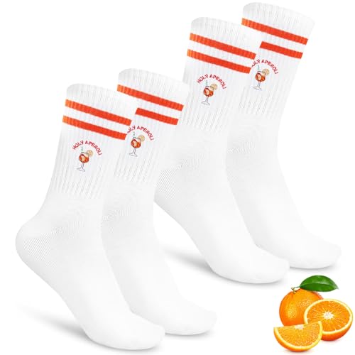 Szhhrxi 2 Paar Aperol Socken – Lustige Geschenkidee für Aperol-Liebhaber | Fashion Drinks Motiv | Weiße Tennissocken aus Baumwolle (Gr. 36-42) | Unisex Socken für Damen & Herren