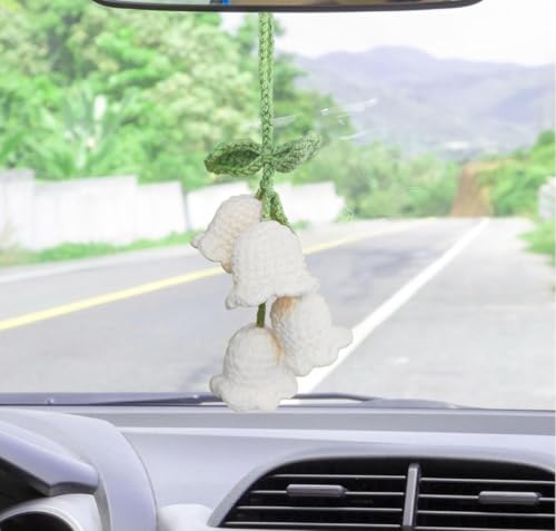 Image of VRB Dec 1 Pcs Crochet Flower for car Dashboard Decoration Items,Car Hanging Crochet Flower,Sunflower Decoration for Car,Car Mirror Hanging Accessories, (Hanging Tulip White Crochet - 1 Pcs)