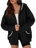 ZAFUL Zip Up Full Hoodie for teen girls Oversize Fleece Sweatshirt Handmade Y2K Hooded Tops with Pockets Trendy Fall Jacket Winter Clothing 2025 Black,XL